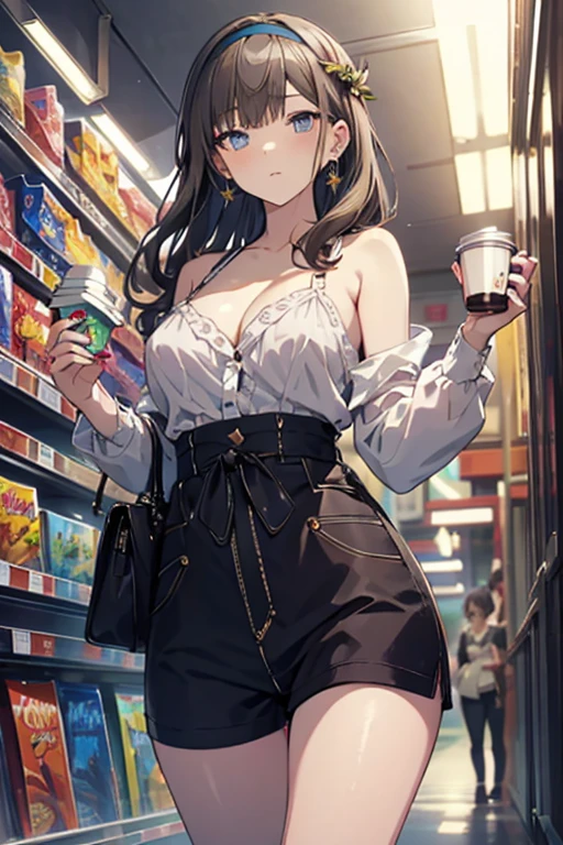 (masterpiece, Best Quality, ultra-detailed, high resolution, extremely detailed CG, official art, Professional Lighting, Perfect Anatomy, anime colors), (from below), looking at viewer, cowboy shot, perfect body, a 24yo beautiful girl, sidelocks, hairband, earrings,medium hips, glamorous body,a small face,beautiful-makeup,Makeup light,dark brown hair, Amazing Cleavage, thin waist, cute ass, Raised sexy, small breast: 1.2 posed cleavage:1.2, (off shoulders,Denimbra,legginullnude), micro denim shorts, bare legs, nail_polish, pale skin, Waiting friend, (morning:1.5), tokyo, (convenience store:1.3), outdoor, (depth of field:1.3), contrapposto, (Hold a coffee in your hand:1.3),delicate beautiful face, Bright blue eyes, cute eyes, sparkling eyes, Big eyes, (perky chest:1.1), (pointed chest:1.3), looking at viewer,
