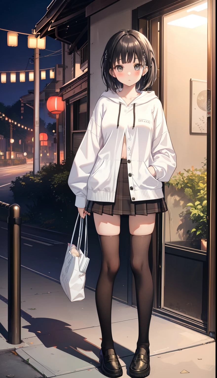 One Girl、positive、Standing posture、Full body portrait、Black Hair、Medium Haircut、blush、Absolute area、Black knee-high socks、Knee-length、stockings、Black Pantyhose、White underwear、shirt、White hoodie、Brown checked mini skirt、Japanese high school students、Summer clothes、Night entertainment district、night、(Very large breasts)、Cleavage、((Lesbians around the world))、masterpiece、(highest quality)、
Panties around the ankles、Black Loafers、Shirt buttons fly off、Unbutton your shirt、Exposing the breasts、Bare your breasts