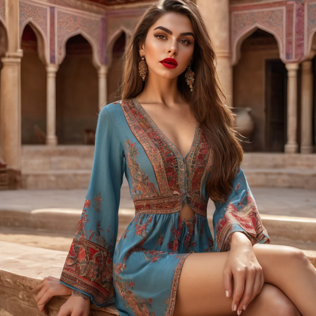 nsfw, 8K raw photo, Best quality, masterpiece, ultra high res, looking at viewer, (long brown hair:1.2), natural skin texture, realistic eye and face details, rouge (makeup), full lips, parted lips, lipstick, beautiful legs, tall female, skinny, slim_legs, thigh_gap, model, medium breasts, persian style courtyard, outdoors, persian Dress,