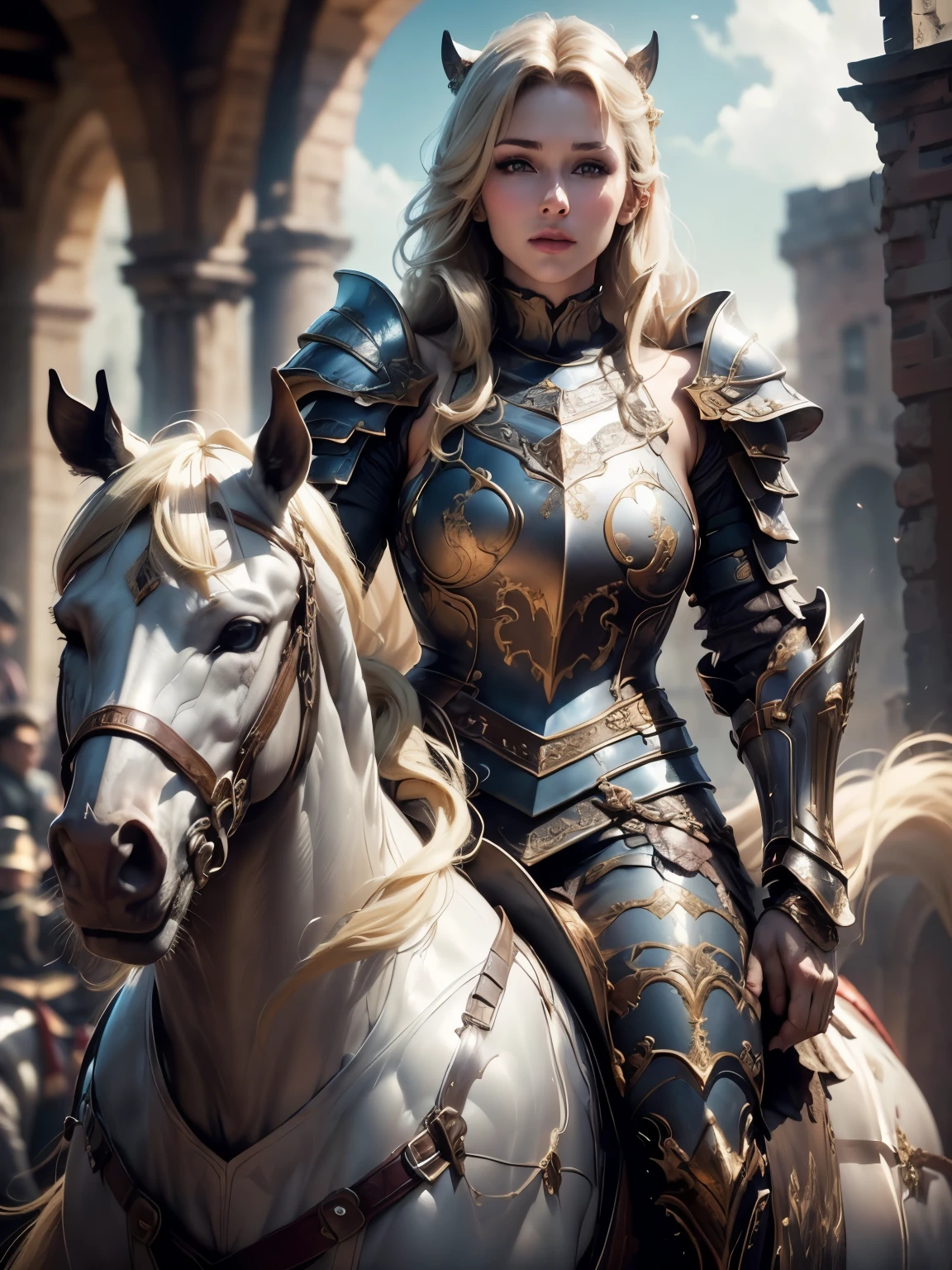 (Masterpiece, Superb Detail, Super Detailed, High Resolution), Male Focus, (((Female Armor))), (((Armor Dress Set))), (She Has Long Blonde Hair, Medium Breasts, Slim, perfect body, beautiful face), look at viewer, (((white panty))), (((riding a horse))), City Ruins, Background Details, Solo