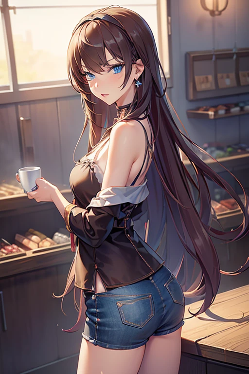 (masterpiece, Best Quality, ultra-detailed, high resolution, extremely detailed CG, official art, Professional Lighting, Perfect Anatomy, anime colors), (from below), looking at viewer, cowboy shot, perfect body, a 24yo beautiful girl, sidelocks, hairband, earrings,medium hips, glamorous body,a small face,beautiful-makeup,Makeup light,dark brown hair, Amazing Cleavage, thin waist, cute ass, Raised sexy, small breast: 1.2 posed cleavage:1.2, (off shoulders,Denimbra,legginullnude), micro denim shorts, bare legs, nail_polish, pale skin, Waiting friend, (morning:1.5), tokyo, (convenience store:1.3), outdoor, (depth of field:1.3), contrapposto, (Hold a coffee in your hand:1.3),delicate beautiful face, Bright blue eyes, cute eyes, sparkling eyes, Big eyes, (perky chest:1.1), (pointed chest:1.3), looking at viewer,
