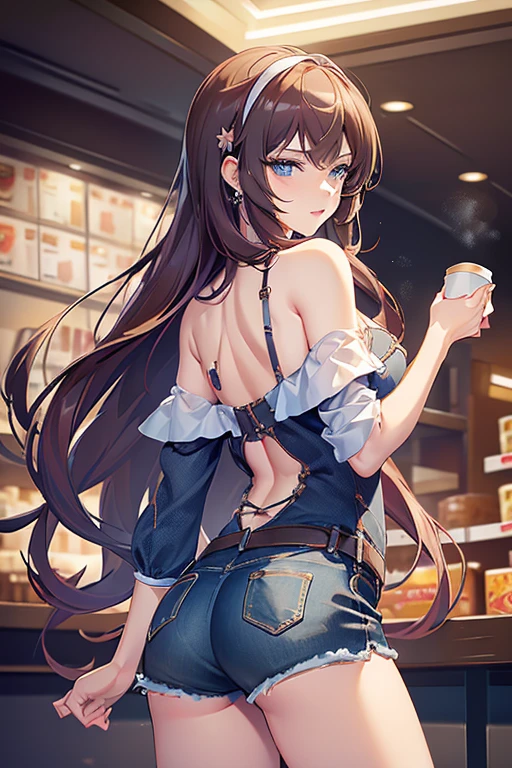 (masterpiece, Best Quality, ultra-detailed, high resolution, extremely detailed CG, official art, Professional Lighting, Perfect Anatomy, anime colors), (from below), looking at viewer, cowboy shot, perfect body, a 24yo beautiful girl, sidelocks, hairband, earrings,medium hips, glamorous body,a small face,beautiful-makeup,Makeup light,dark brown hair, Amazing Cleavage, thin waist, cute ass, Raised sexy, small breast: 1.2 posed cleavage:1.2, (off shoulders,Denimbra,legginullnude), micro denim shorts, bare legs, nail_polish, pale skin, Waiting friend, (morning:1.5), tokyo, (convenience store:1.3), outdoor, (depth of field:1.3), contrapposto, (Hold a coffee in your hand:1.3),delicate beautiful face, Bright blue eyes, cute eyes, sparkling eyes, Big eyes, (perky chest:1.1), (pointed chest:1.3), looking at viewer,
