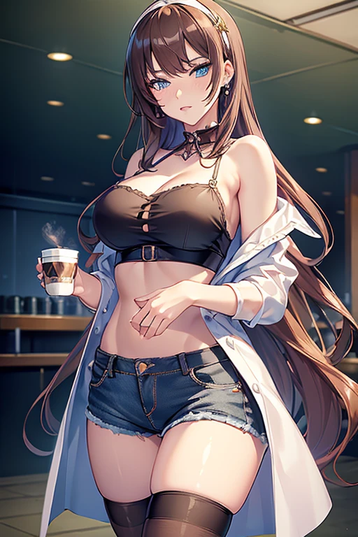 (masterpiece, Best Quality, ultra-detailed, high resolution, extremely detailed CG, official art, Professional Lighting, Perfect Anatomy, anime colors), (from below), looking at viewer, cowboy shot, perfect body, a 24yo beautiful girl, sidelocks, hairband, earrings,medium hips, glamorous body,a small face,beautiful-makeup,Makeup light,dark brown hair, Amazing Cleavage, thin waist, cute ass, Raised sexy, small breast: 1.2 posed cleavage:1.2, (off shoulders,Denimbra,legginullnude), micro denim shorts, bare legs, nail_polish, pale skin, Waiting friend, (morning:1.5), tokyo, (convenience store:1.3), outdoor, (depth of field:1.3), contrapposto, (Hold a coffee in your hand:1.3),delicate beautiful face, Bright blue eyes, cute eyes, sparkling eyes, Big eyes, (perky chest:1.1), (pointed chest:1.3), looking at viewer,
