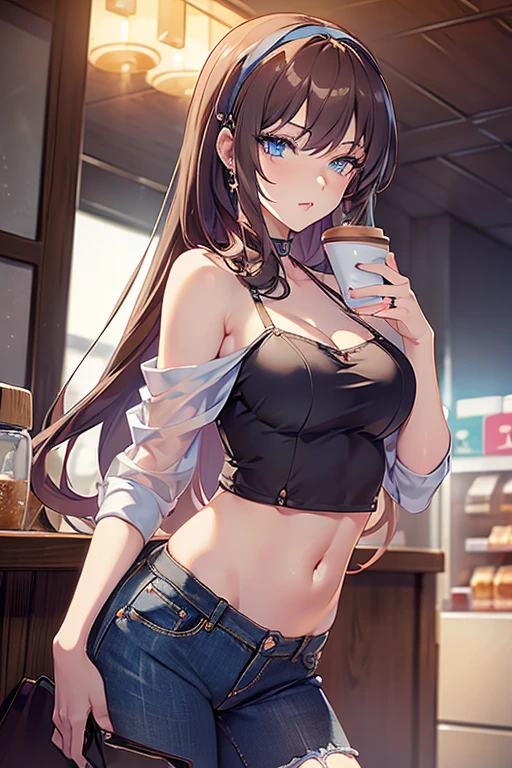 (masterpiece, Best Quality, ultra-detailed, high resolution, extremely detailed CG, official art, Professional Lighting, Perfect Anatomy, anime colors), (from below), looking at viewer, cowboy shot, perfect body, a 24yo beautiful girl, sidelocks, hairband, earrings,medium hips, glamorous body,a small face,beautiful-makeup,Makeup light,dark brown hair, Amazing Cleavage, thin waist, cute ass, Raised sexy, small breast: 1.2 posed cleavage:1.2, (off shoulders,Denimbra,legginullnude), micro denim shorts, bare legs, nail_polish, pale skin, Waiting friend, (morning:1.5), tokyo, (convenience store:1.3), outdoor, (depth of field:1.3), contrapposto, (Hold a coffee in your hand:1.3),delicate beautiful face, Bright blue eyes, cute eyes, sparkling eyes, Big eyes, (perky chest:1.1), (pointed chest:1.3), looking at viewer,
