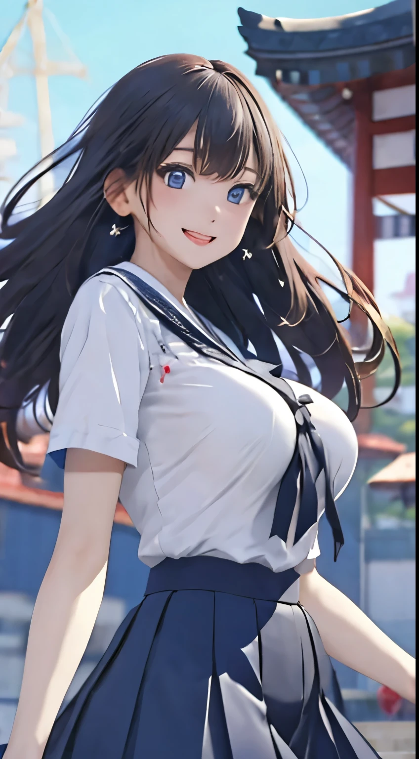 Tabletop、highest quality、Japanese 、High resolution、 Beautiful Japanese Woman、Fine and beautiful eyes、Long Hair、Dynamic depiction of movement、Hair swaying in the wind、Large Breasts、Big and ample breasts、White shirt、Pleated skirt in navy color、Cute Smile、Open your mouth、Road with a view of the sea、Summer sunshine、(Droopy Eyes 1.1)