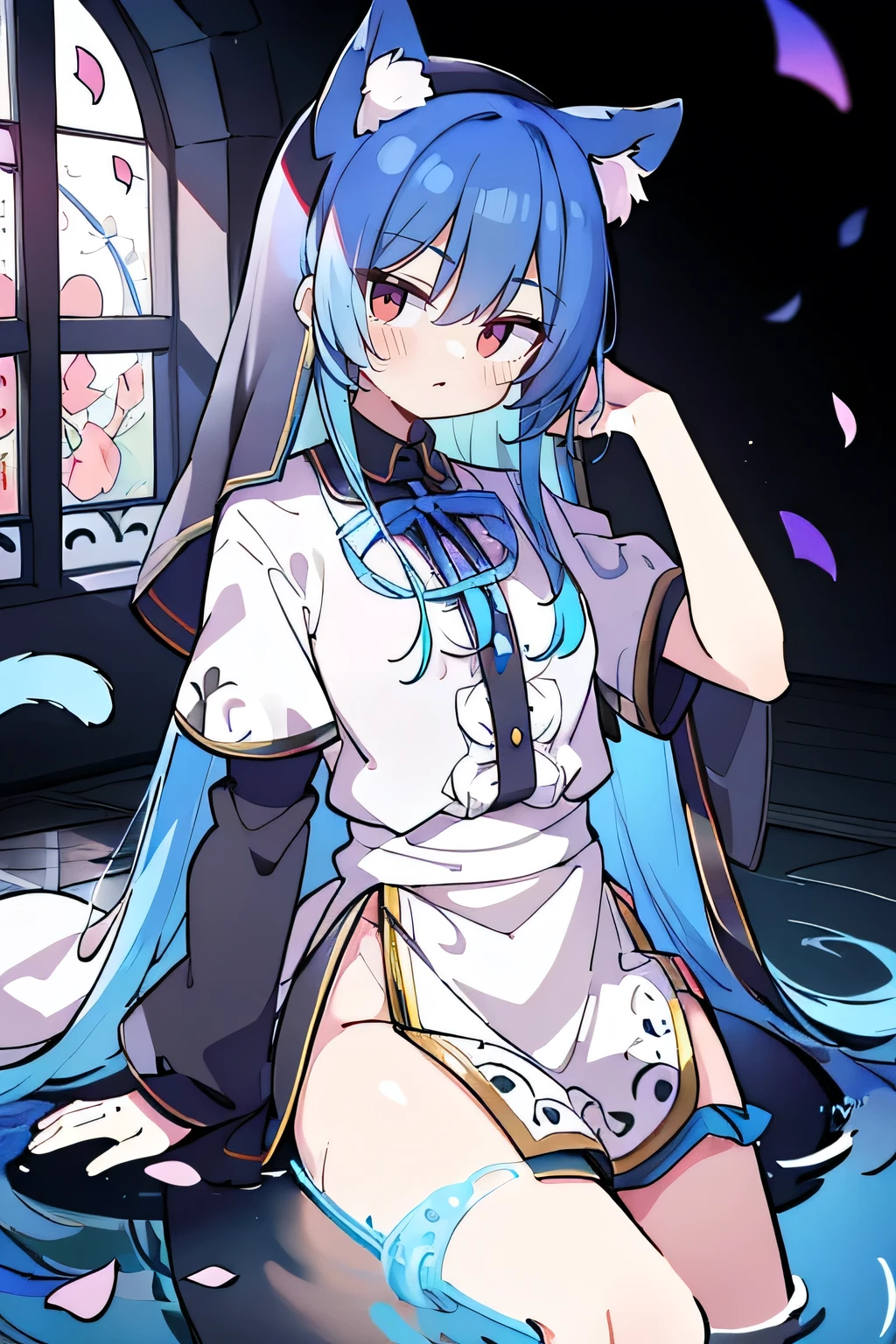 (masterpiece:1.2),Extremely detailed,Practical,expressive eyes,Fair skin,Perfect face shaping,1 Girl,
Japanese cartoons,Gorgeous blue hair, the long flowing blue hair,Floating clothes,Cat ears,Petals fall,beautiful lola,Young Angel,
Place your hands on your waist,sit elegantly on the ground,Cross your legs,Gentle and peaceful background,stately church,nun,lie on the water,Blackening,A look of disdain.