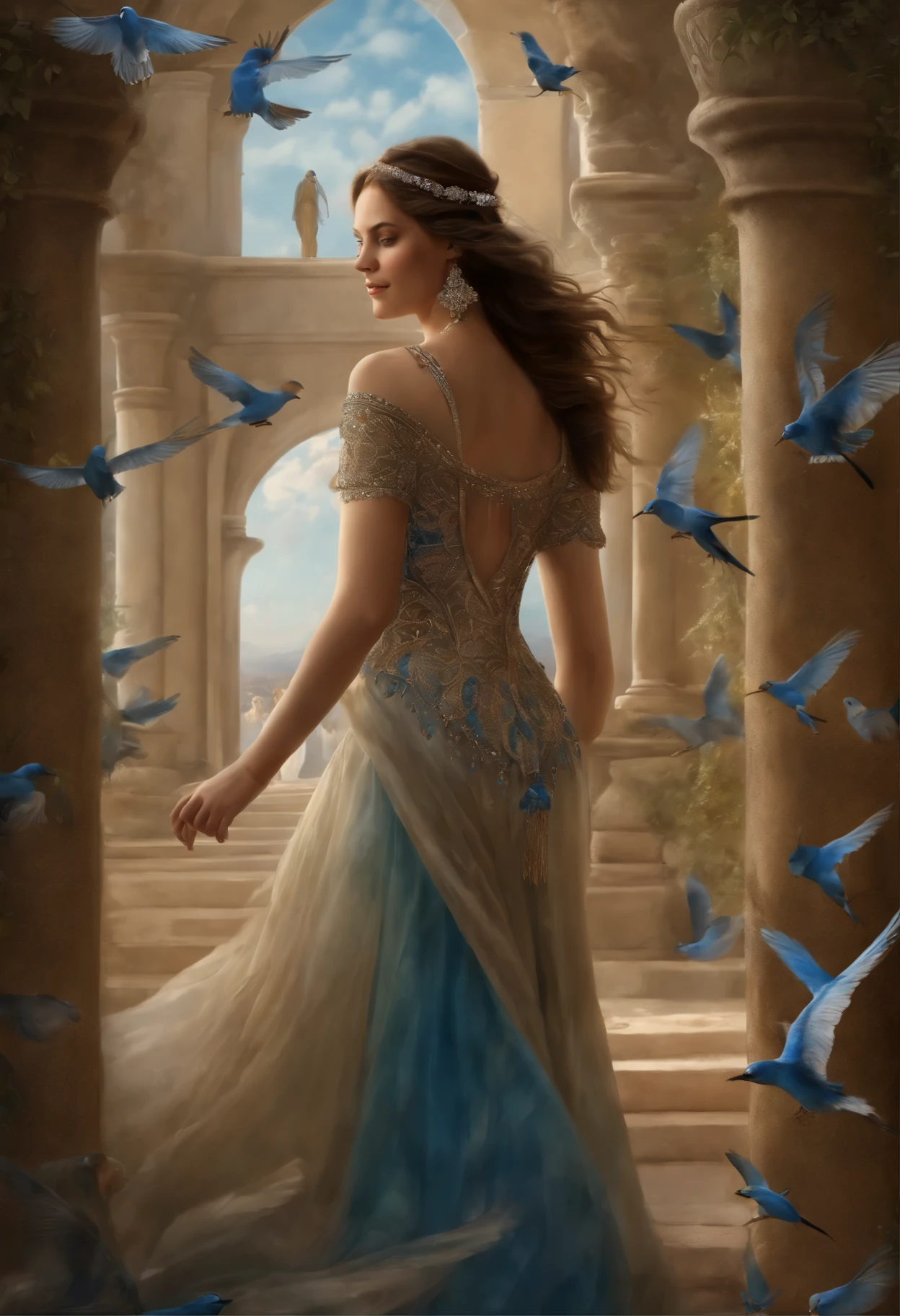 hyperrealism,a young tall strong darklonghair man, Joachim looks on with a smile, 12 bejewelled girls running after blue birds to catch,a man looks behind the scene of the princesses of the underworld catching bluebirds in the palaces of the owner of the underground palaces cold colors,hyper detail,medieval professionally,filigree,pearl stitches of time,cherry ringing,memory spirals,breath of life,fractals of illusions,Dreamcatchers,asymmetry,in move, detailed meticulous drawing,mysticism,shine,shimmer and shine,hoarfrost