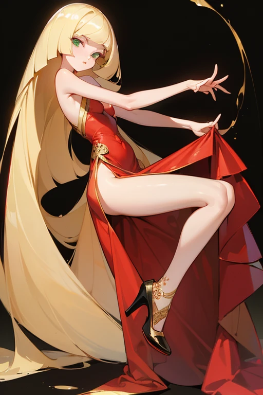 ((highest quality)), ((masterpiece)), (Familiar), Lusamine,nsfw,thin,Long Blonde Hair,Small breasts,Small breasts,Erect nipples,Adult female,Green Eyes,Slanted Eyes,Sleeveless dress,Gorgeous red dress,Gold embroidery,High heels,Fascinating,Long skirt