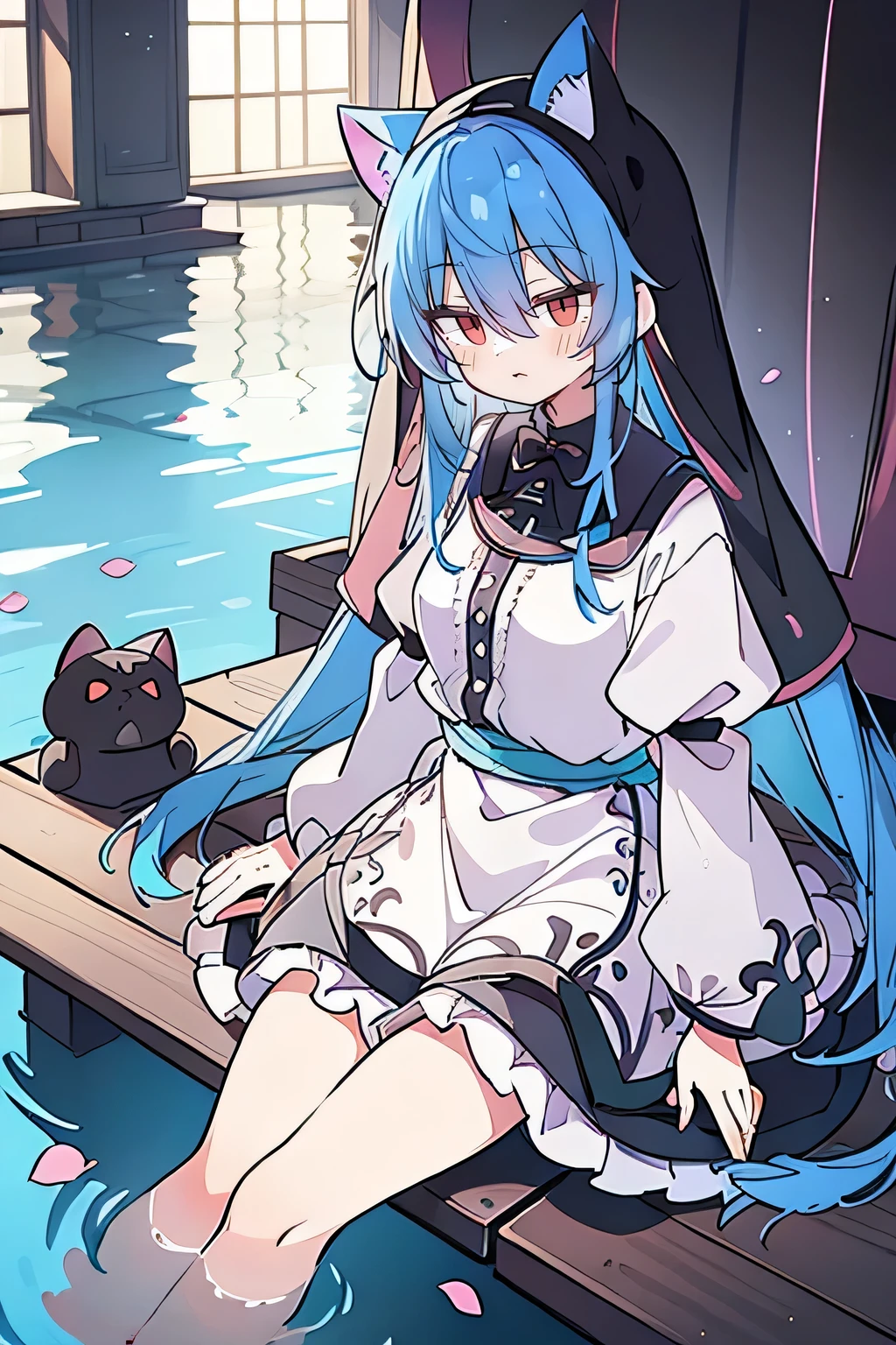 (masterpiece:1.2),Extremely detailed,Practical,expressive eyes,Fair skin,Perfect face shaping,1 Girl,
Japanese cartoons,Gorgeous blue hair, the long flowing blue hair,Floating clothes,Cat ears,Petals fall,beautiful lola,Young Angel,
Place your hands on your waist,sit elegantly on the ground,Cross your legs,Gentle and peaceful background,stately church,nun,lie on the water,Blackening,A look of disdain.
