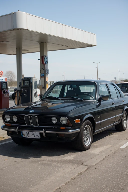 Old BMW car at gas station 