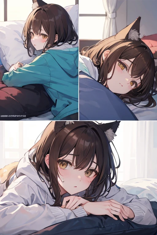 ((highest quality)), ((masterpiece)), (detailed), Perfect face brown hair Cat ear Wolf Cut Wearing a hoodie
Fever and lethargy Lying on a futon Sweating and getting your clothes and bed wet Lying on one's back Her breasts are very large Her clothes are so wet you can see her nipples