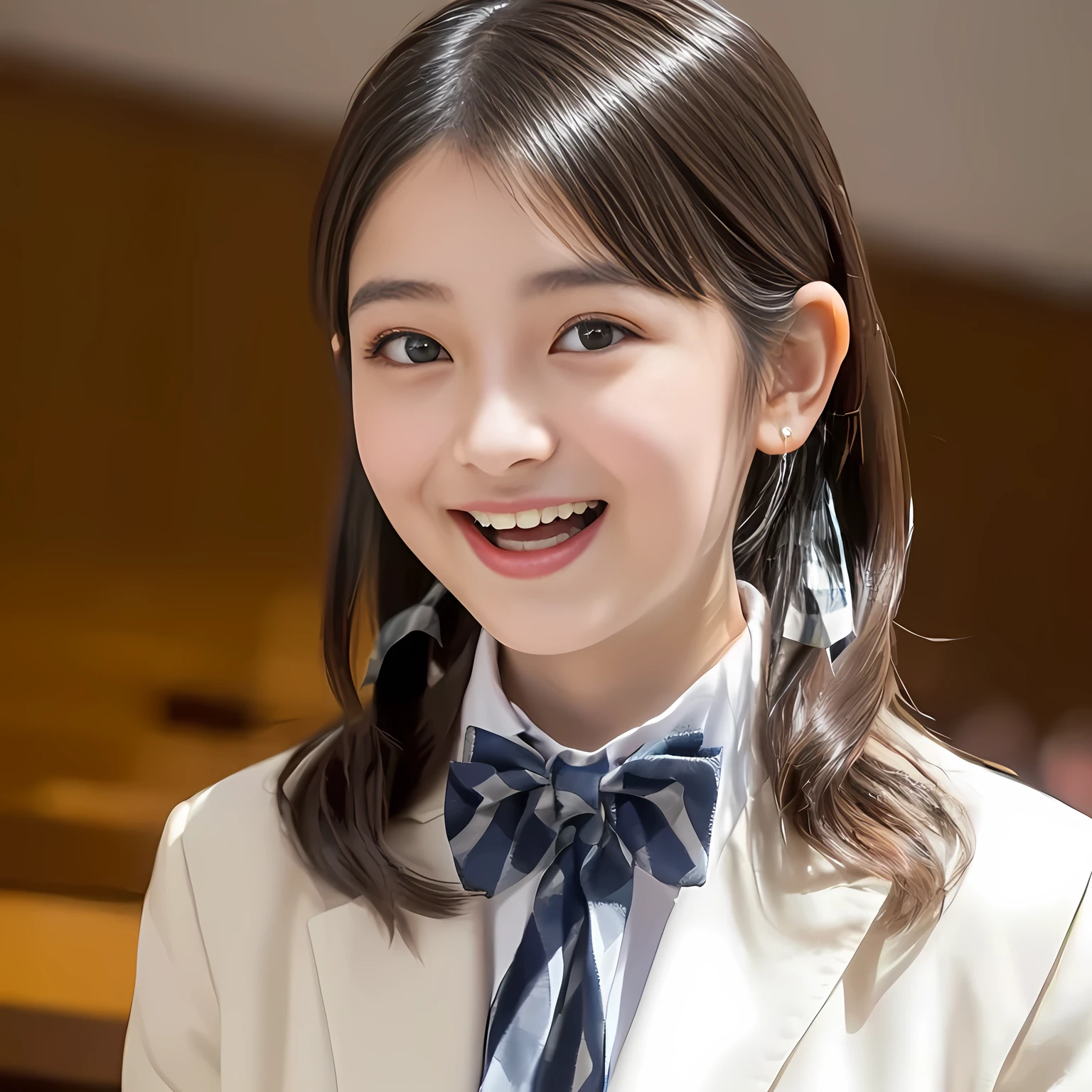 (highest quality, masterpiece:1.2), highest quality, Realistic, photograph, High resolution, 1080p, 8K, Physical Rendering, ((Height: 155cm)), ((((((A 14 year old beautiful Japanese fashion model is singing and looking directly at the viewer)))))), (((big very detailed Japanese beautiful dark brown eyes))), ((((loving and laughing at me!)))), detailed fingers, (((curled blunt bangs))), ((((Very noble and cute eyes, carefully drawn with great attention to detail)))), ((double eyelids)), (((long eyelashes))), ((cute lovely lovely laughing laughing cheeks)), ((The pure white light hits my nose and cheeks. Her eyes and white facial skin shine beautifully white.)), (((Her facial features are very expressive noble smile, very sweet, very intelligent))), ((((ivory super-large long ribbon bow tie in plain)))), ((((black very beautiful and very long bobbed hair)))), ((((long pleated blue checkered school skirt is very beautiful)))), ((((A ivory blazer is very cute)))), ((Classical orchestra concert hall)), ((complexion lightening))