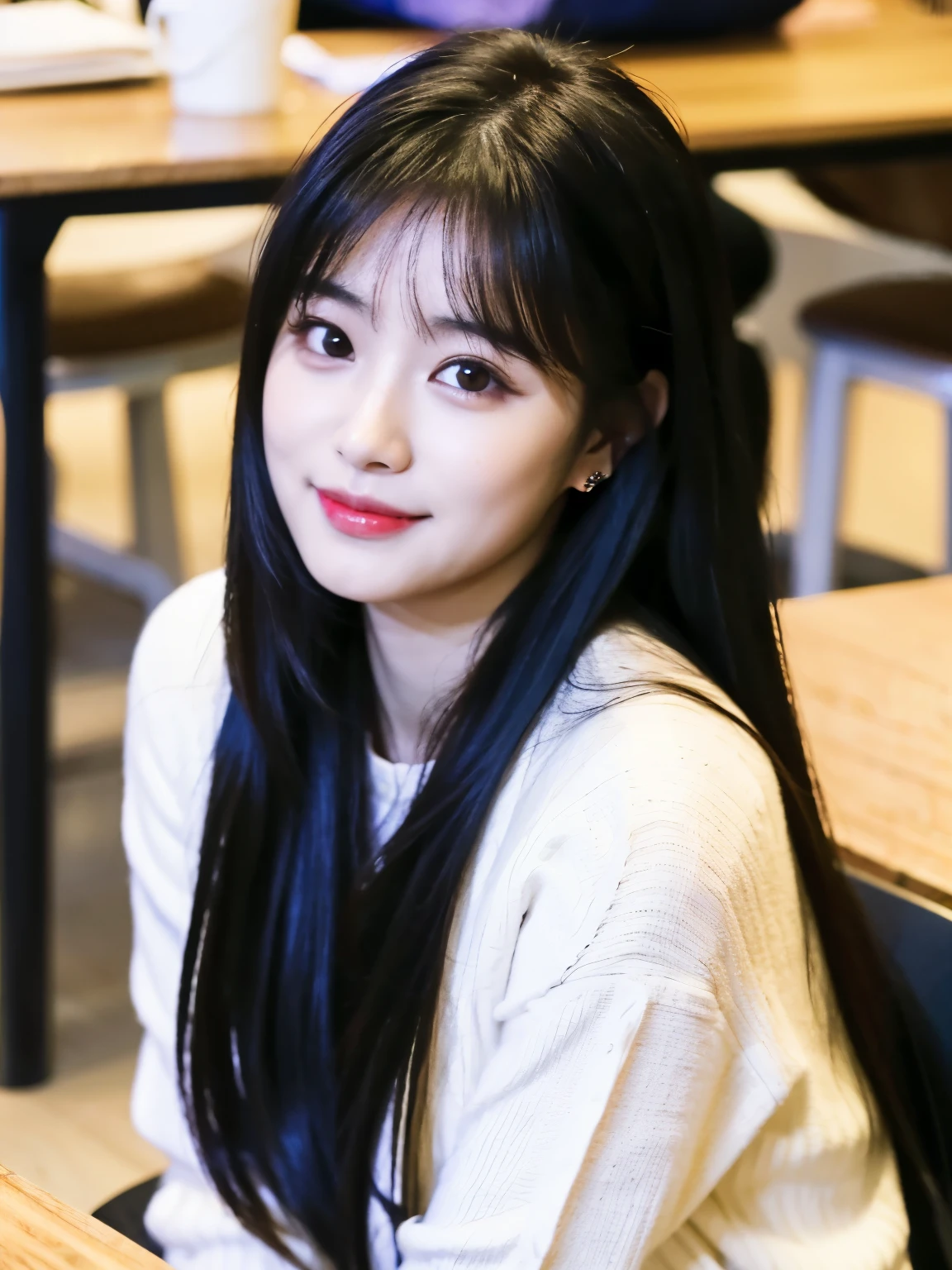 arafed asian woman with long black hair sitting at a table, jaeyeon nam, wan adorable korean face, jinyoung shin, heonhwa choe, tzuyu from twice, lee ji-eun, lee ji - eun, ulzzang, xintong chen, young cute wan asian face, korean girl, wenfei ye, young wan angel