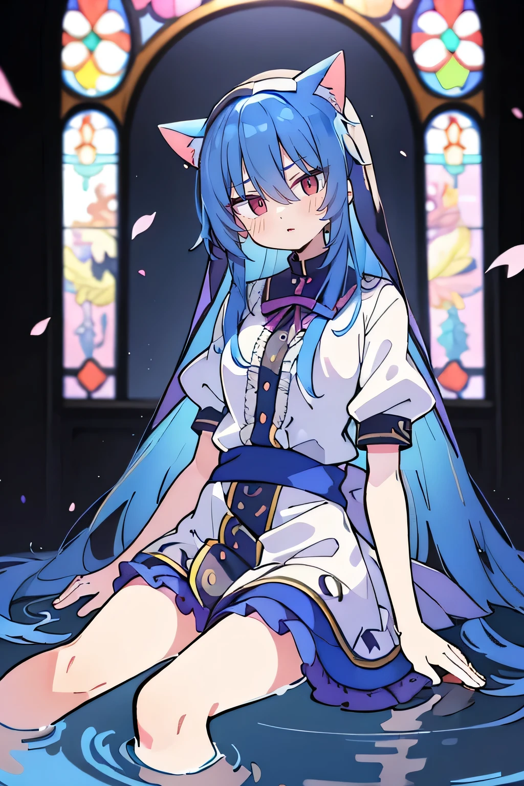 (masterpiece:1.2),Extremely detailed,Practical,expressive eyes,Fair skin,Perfect face shaping,1 Girl,
Japanese cartoons,Gorgeous blue hair, the long flowing blue hair,Floating clothes,Cat ears,Petals fall,beautiful lola,Young Angel,
Place your hands on your waist,sit elegantly on the ground,Cross your legs,Gentle and peaceful background,stately church,nun,lie on the water,Blackening,A look of disdain.