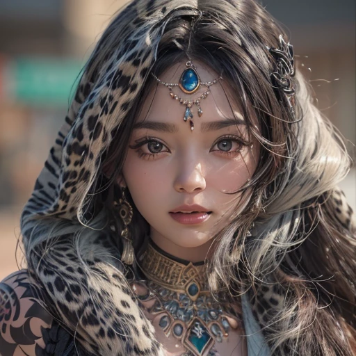 Hiding in the desert、Hair flow、 ((highest quality、masterpiece、8k、Best image quality、Ultra-high resolution、Award-winning works)、(Accurate anatomy:1.1)、(Look at me and smile:1.1)、Shining fair skin with Ultra-high resolution、The most detailed face、Ultra-high resolution detailed face、Ultra-high resolution hair、(Ultra-high resolutionのeyes :1.1)、Beautiful face drawn in every detail、(Blurred Background:1.1)、Ancient Islamic clothing, Chest to chest, tattoo, Old ruins in the background、Black leopard 