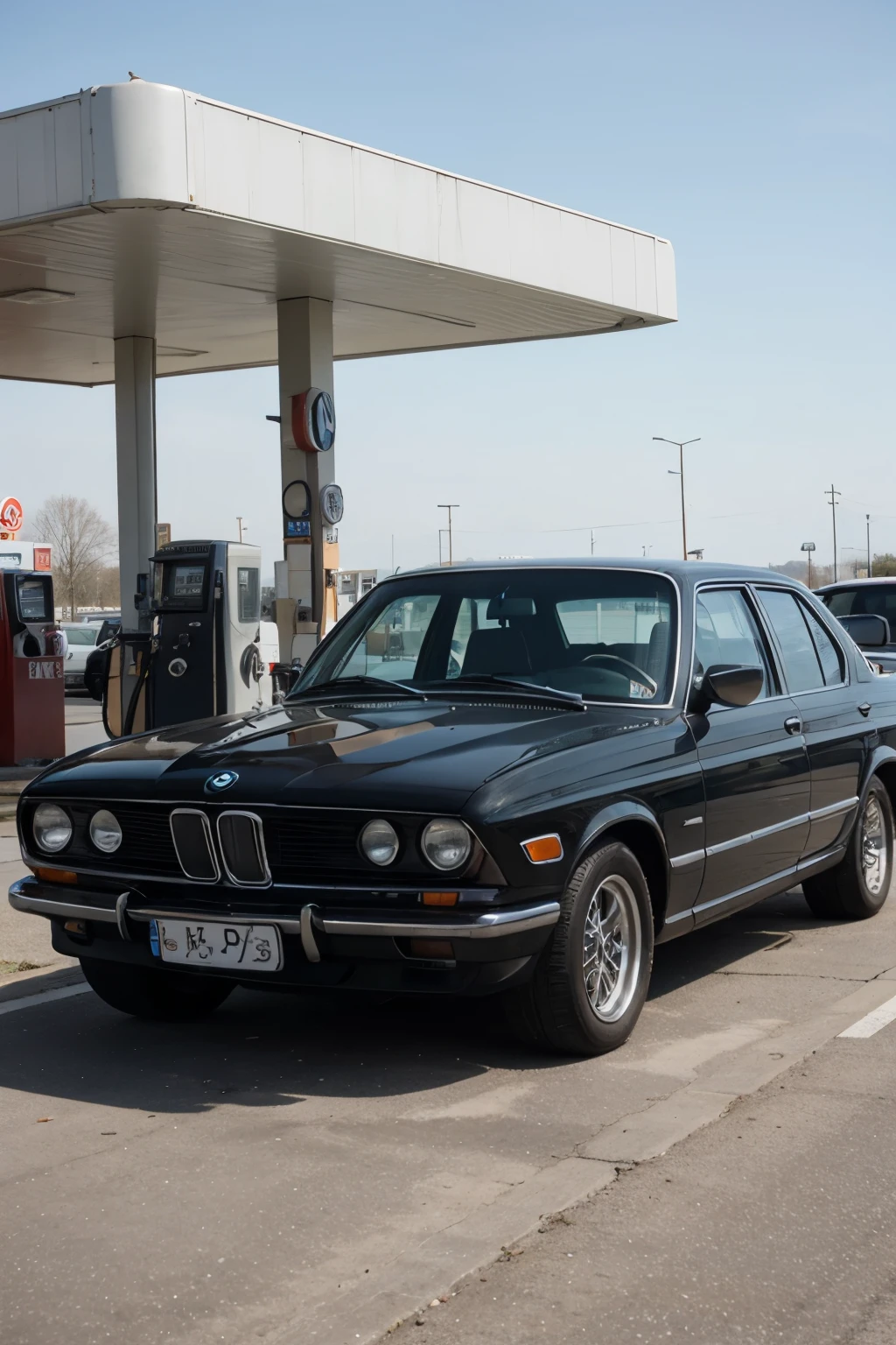 Old BMW car at gas station