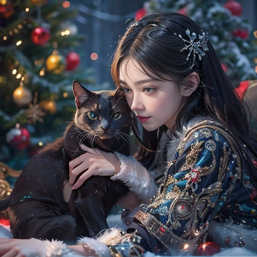 Shiny winter ornaments),High resolution,Sharp focus,(Very detailed,Very detailed),(Realistic artwork:1.37),(Very detailed CG unity 8k wallpaper),(((Vibrant colors,Vivid Themes))),(Complex),(masterpiece),(highest quality),Artistic photography,(photo shoot:SLDR),(Complex background),perfectly rendered face,Perfect facial details,Realistic Face,Realistic,Analog Style,((Complex detail)),(((realism))), Holding a pet, Black cat, Cat and girl