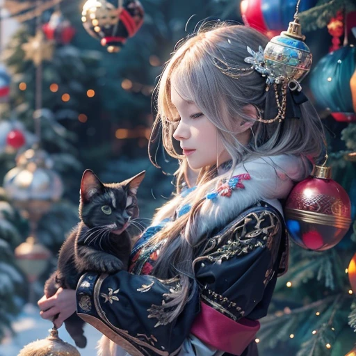Shiny winter ornaments),High resolution,Sharp focus,(Very detailed,Very detailed),(Realistic artwork:1.37),(Very detailed CG unity 8k wallpaper),(((Vibrant colors,Vivid Themes))),(Complex),(masterpiece),(highest quality),Artistic photography,(photo shoot:SLDR),(Complex background),perfectly rendered face,Perfect facial details,Realistic Face,Realistic,Analog Style,((Complex detail)),(((realism))), Holding a pet, Black cat, Cat and girl