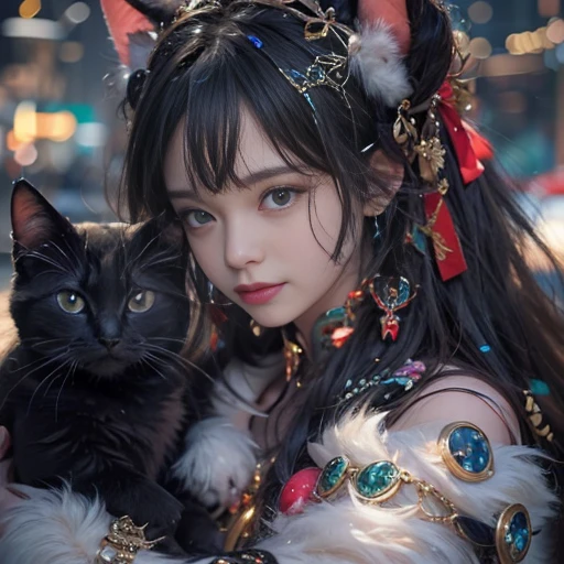 Shiny winter ornaments),High resolution,Sharp focus,(Very detailed,Very detailed),(Realistic artwork:1.37),(Very detailed CG unity 8k wallpaper),(((Vibrant colors,Vivid Themes))),(Complex),(masterpiece),(highest quality),Artistic photography,(photo shoot:SLDR),(Complex background),perfectly rendered face,Perfect facial details,Realistic Face,Realistic,Analog Style,((Complex detail)),(((realism))), Holding a pet, Black cat, Cat and girl