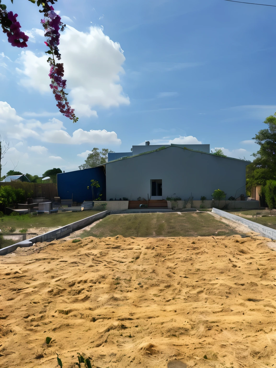 Design me a garden house, with a garden, swimming pool and a small house on this land