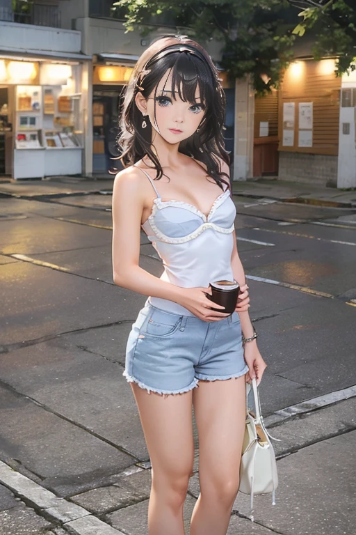 (masterpiece, Best Quality, ultra-detailed, high resolution, extremely detailed CG, official art, Professional Lighting, Perfect Anatomy, anime colors), (from below), looking at viewer, cowboy shot, perfect body, a 24yo beautiful girl, sidelocks, hairband, earrings,medium hips, glamorous body,a small face,beautiful-makeup,Makeup light,dark brown hair, Amazing Cleavage, thin waist, cute ass, Raised sexy, small breast: 1.2 posed cleavage:1.2, (off shoulders,Denimbra,legginullnude), micro denim shorts, bare legs, nail_polish, pale skin, Waiting friend, (morning:1.5), tokyo, (convenience store:1.3), outdoor, (depth of field:1.3), contrapposto, (Hold a coffee in your hand:1.3),delicate beautiful face, Bright blue eyes, cute eyes, sparkling eyes, Big eyes, (perky chest:1.1), (pointed chest:1.3), looking at viewer,