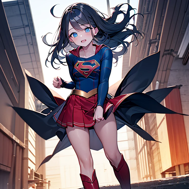 (full body), (masterpiece:1.2), (Highest_quality:1.2), (Ultra_detailed:1.3), 8k,Low - Angle，From below，Big Butt Girl, Medium chest, Pose in front,Bare legs，Red Boots，3D Rendering,( Supergirl)，Black Hair，Long Hair，Blue eyes，Red Skirt，the skirt is short,，A blue leotard is visible under the skirt.，The skirt is blown up by the wind，Red Cape，Simple Background，White Background，