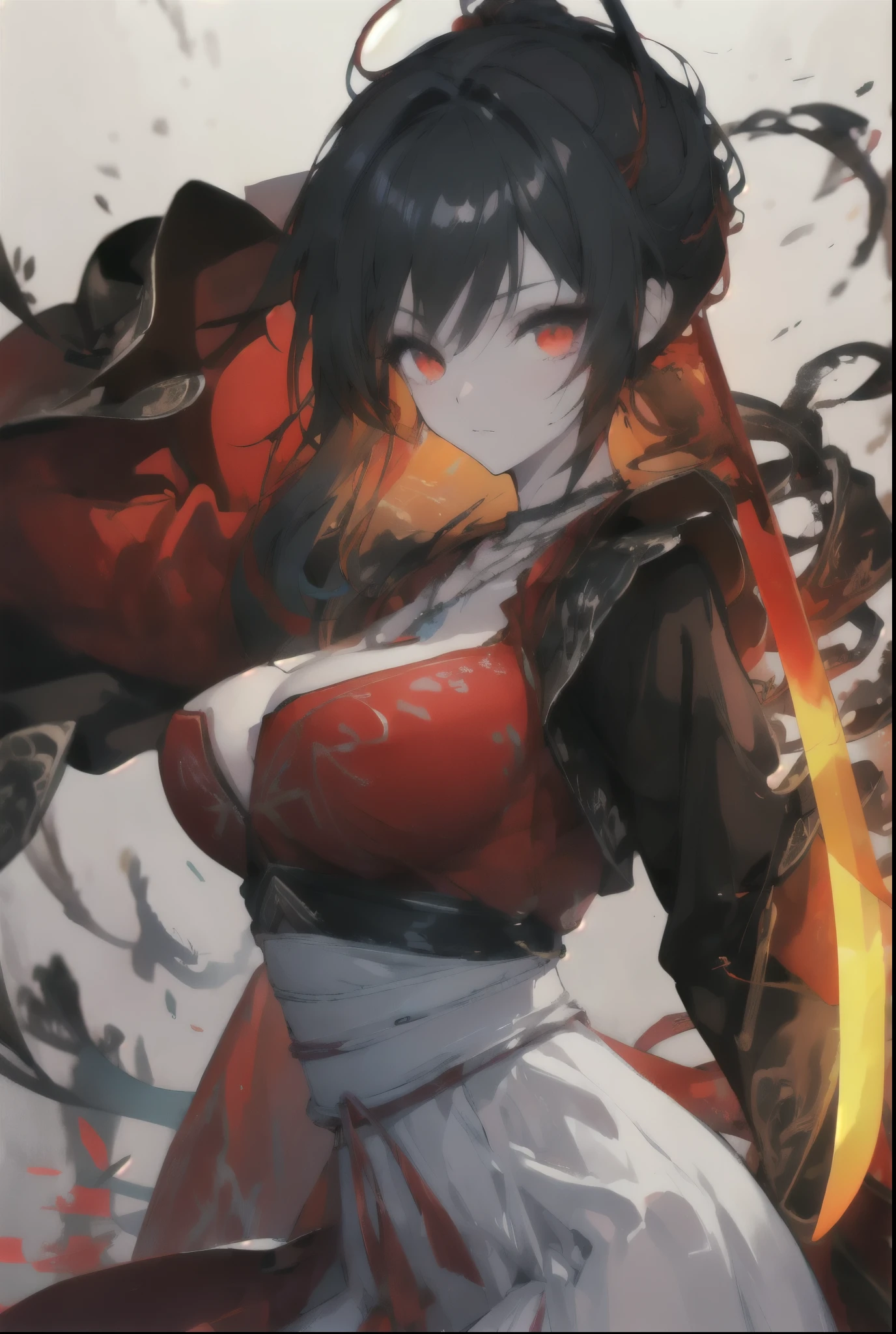 (masterpiece, best quality), 1 Girl,     LiuXiuFate, 1 Girl, Solitary, Long hair, skirt, Large Breasts, （黑色Long hair），（黑色Long hair），（黑色Long hair），（黑色Long hair），及腰Long hair，及腰Long hair，Black Hair, Red hair, Hair accessories, Red Eyes, Black gloves, Long sleeve, skirt, cleveage, Hair between the eyes, Ahog, Necklace, Wide sleeves, Striped hair, Chinese clothes, Hanfu，Glowing red sword，Glowing red sword，Glowing red sword