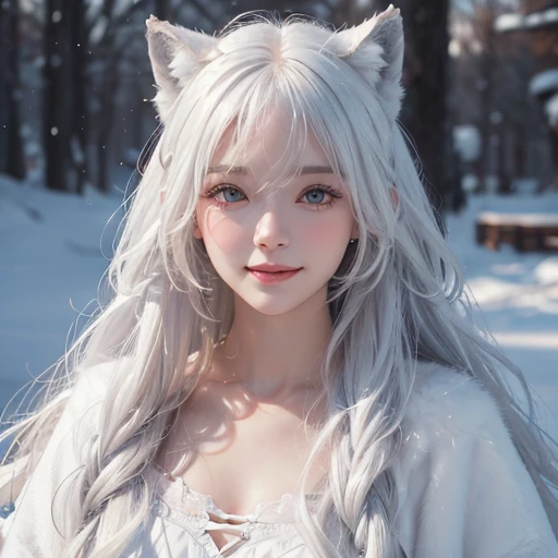 Heavy snowfall,snowing mountain、white wolf、 ((highest quality、masterpiece、8k、best image quality、ultra high resolution、Award-winning work)、(accurate anatomy:1.1)、(look at me and smile:1.1)、Shining fair skin with ultra high resolution、most detailed face、ultra high resolution detailed face、white short hair flowing 、Beautiful face drawn in every detail、(blurred background:1.1)、tiny breast,breast fully covered by fur Russian traditional clothing,real wolf beside the girl