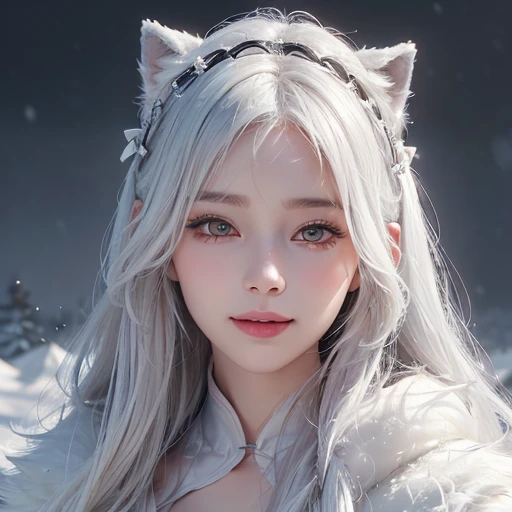 Heavy snowfall,Snowy mountains、White Wolf、 ((highest quality、masterpiece、8k、Best image quality、Ultra-high resolution、Award-winning works)、(Accurate anatomy:1.1)、(Look at me and smile:1.1)、Shining fair skin with Ultra-high resolution、The most detailed face、Ultra-high resolution detailed face、Short, flowing white hair 、Beautiful face drawn in every detail、(Blurred Background:1.1)、Traditional Russian costume with chest completely covered in fur,A real wolf next to a girl 