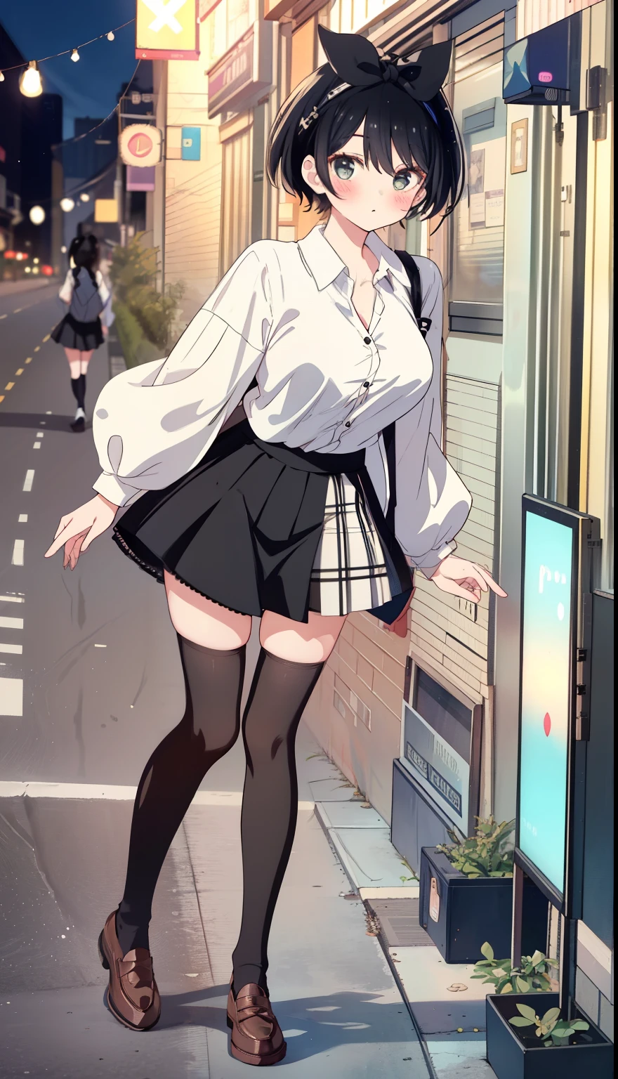 One Girl、positive、Standing posture、Full body portrait、Black Hair、Medium Haircut、blush、Absolute area、Black knee-high socks、Knee-length、stockings、Black Pantyhose、White underwear、shirt、White hoodie、Brown checked mini skirt、Japanese high school students、Summer clothes、Night entertainment district、night、（Very large breasts）、Cleavage、((Lesbians around the world))、masterpiece、（highest quality）、
Panties around the ankles、Black Loafers、Shirt buttons fly off、Unbutton your shirt、Exposing the breasts、Bare your breasts