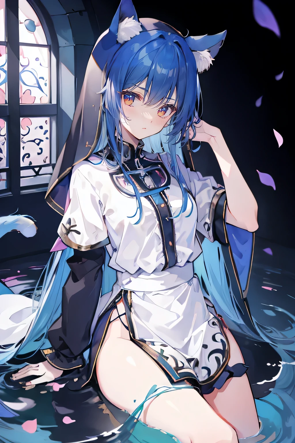 (masterpiece:1.2),Extremely detailed,Practical,expressive eyes,Fair skin,Perfect face shaping,1 Girl,
Japanese cartoons,Gorgeous blue hair, the long flowing blue hair,Floating clothes,Cat ears,Petals fall,beautiful lola,Young Angel,
Place your hands on your waist,sit elegantly on the ground,Cross your legs,Gentle and peaceful background,stately church,nun,lie on the water,Blackening,A look of disdain.