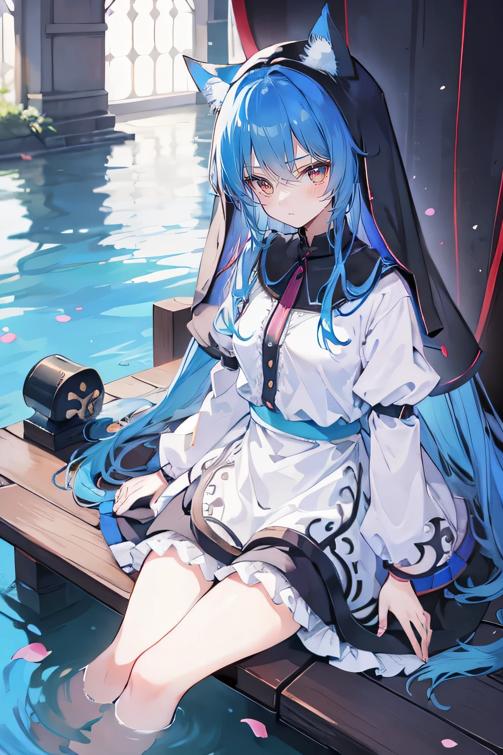 (masterpiece:1.2),Extremely detailed,Practical,expressive eyes,Fair skin,Perfect face shaping,1 Girl,
Japanese cartoons,Gorgeous blue hair, the long flowing blue hair,Floating clothes,Cat ears,Petals fall,beautiful lola,Young Angel,
Place your hands on your waist,sit elegantly on the ground,Cross your legs,Gentle and peaceful background,stately church,nun,lie on the water,Blackening,A look of disdain.