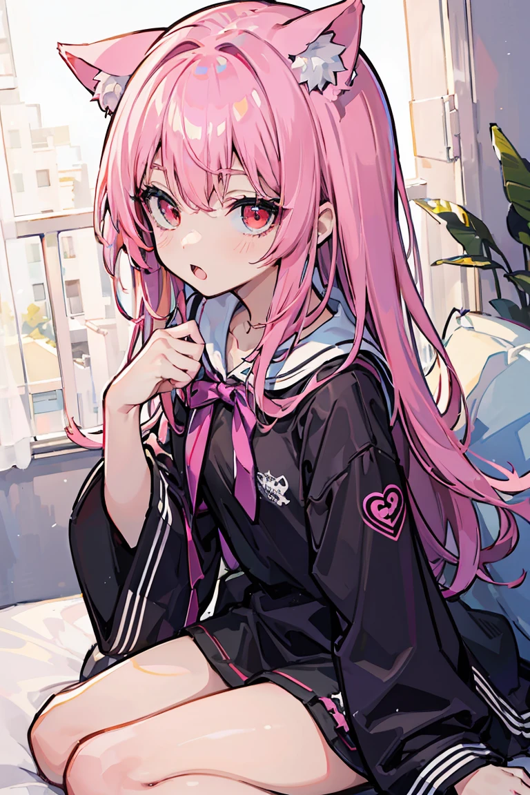 (1 cat girl), (Nekomimi Girl), I&#39;m hungry, Neon at night, (super high quality), masterpiece, wild, wild, Casual Scene, please sit down, Relaxed atmosphere, She is wearing fashionable clothes, Comfortable boot cut, Dark Sky, Street atmosphere, urban environment. Perfect body, (E Cup:1.2), Troubled face, teeth, Open your mouth, Fresh, (Asymmetrical bangs:1.3), Braided bun hair, short hair, Highly detailed face and eyes, (Orange Hair, Crimson Eyes:1.2),cyber punk, sf, (Expose your shoulders), Digital Art, beautiful, Cinema Lighting, by Yusuke Murata.tonality, Romanticism, modern art, Impressionism, reflected light, 8k, masterpiece, Advanced Details, highest quality, Only 5 fingers