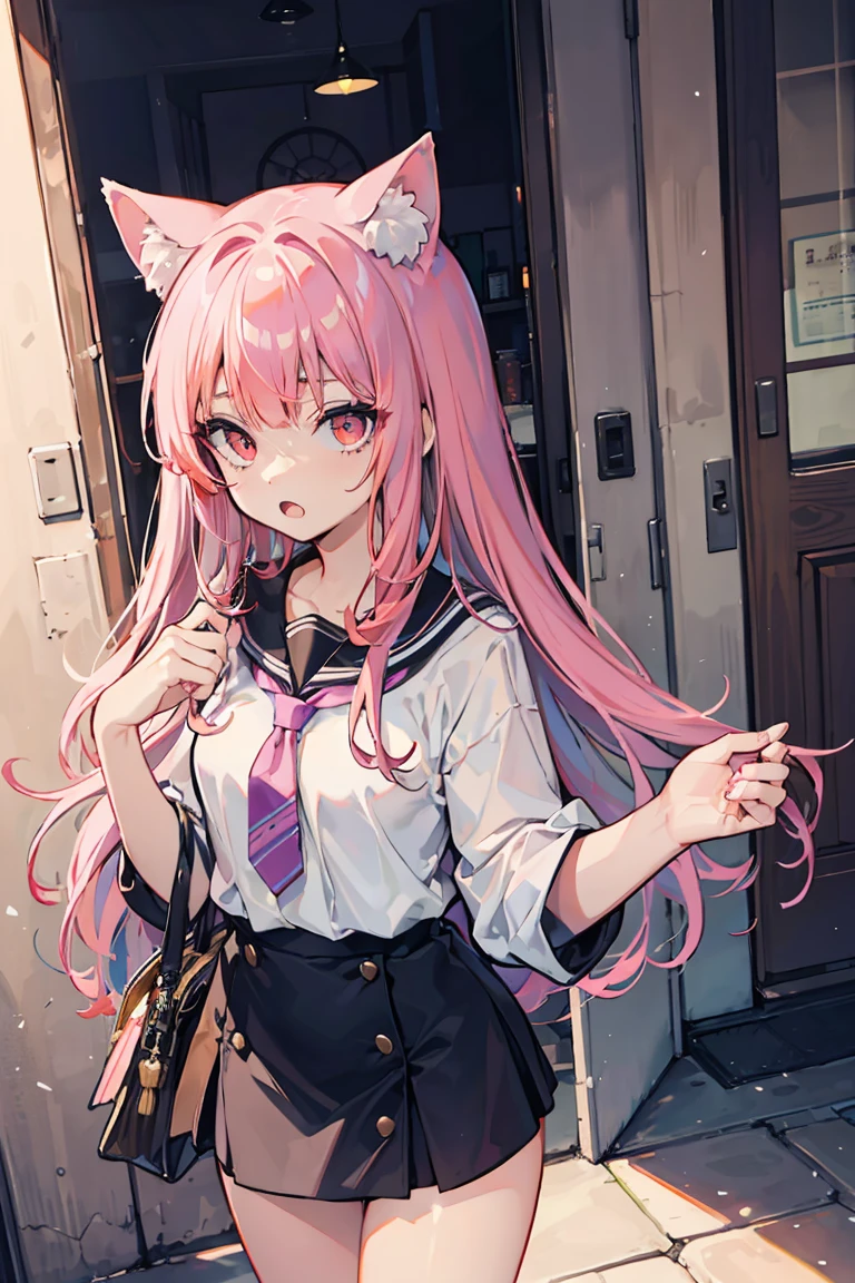 (1 cat girl), (Nekomimi Girl), I&#39;m hungry, Neon at night, (super high quality), masterpiece, wild, wild, Casual Scene, please sit down, Relaxed atmosphere, She is wearing fashionable clothes, Comfortable boot cut, Dark Sky, Street atmosphere, urban environment. Perfect body, (E Cup:1.2), Troubled face, teeth, Open your mouth, Fresh, (Asymmetrical bangs:1.3), Braided bun hair, short hair, Highly detailed face and eyes, (Orange Hair, Crimson Eyes:1.2),cyber punk, sf, (Expose your shoulders), Digital Art, beautiful, Cinema Lighting, by Yusuke Murata.tonality, Romanticism, modern art, Impressionism, reflected light, 8k, masterpiece, Advanced Details, highest quality, Only 5 fingers