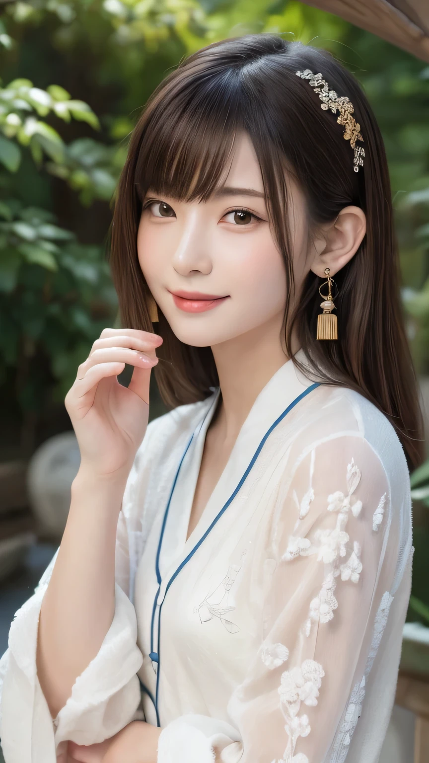 (highest quality,4K,8k,High resolution,masterpiece:1.2),Very detailed,(Realistic,photoRealistic,photo-Realistic:1.37), Bright colors,Strong contrast, Dreamy lighting,Classic beauty,Traditional painting style,Gorgeous clothes,Complex patterns,Calm expression,Pause,peaceful garden atmosphere,Loose gown,delicate accessories,Exquisite hair ornament,Subtle makeup,Emerald Earrings,Whispers of Beauty,Sublime elegance,Feminine elegance,Fine brushwork,Lots of details,A seamless blend of tradition and modernity,Chinese classical garden,With Mount Huangshan in the background,Artistic Representations of Young Women in Ancient China,A fascinating expression of timeless beauty.,random cute pose, shy smile , Point to your audience , peekaboo , Mitsubraiding , View your viewers