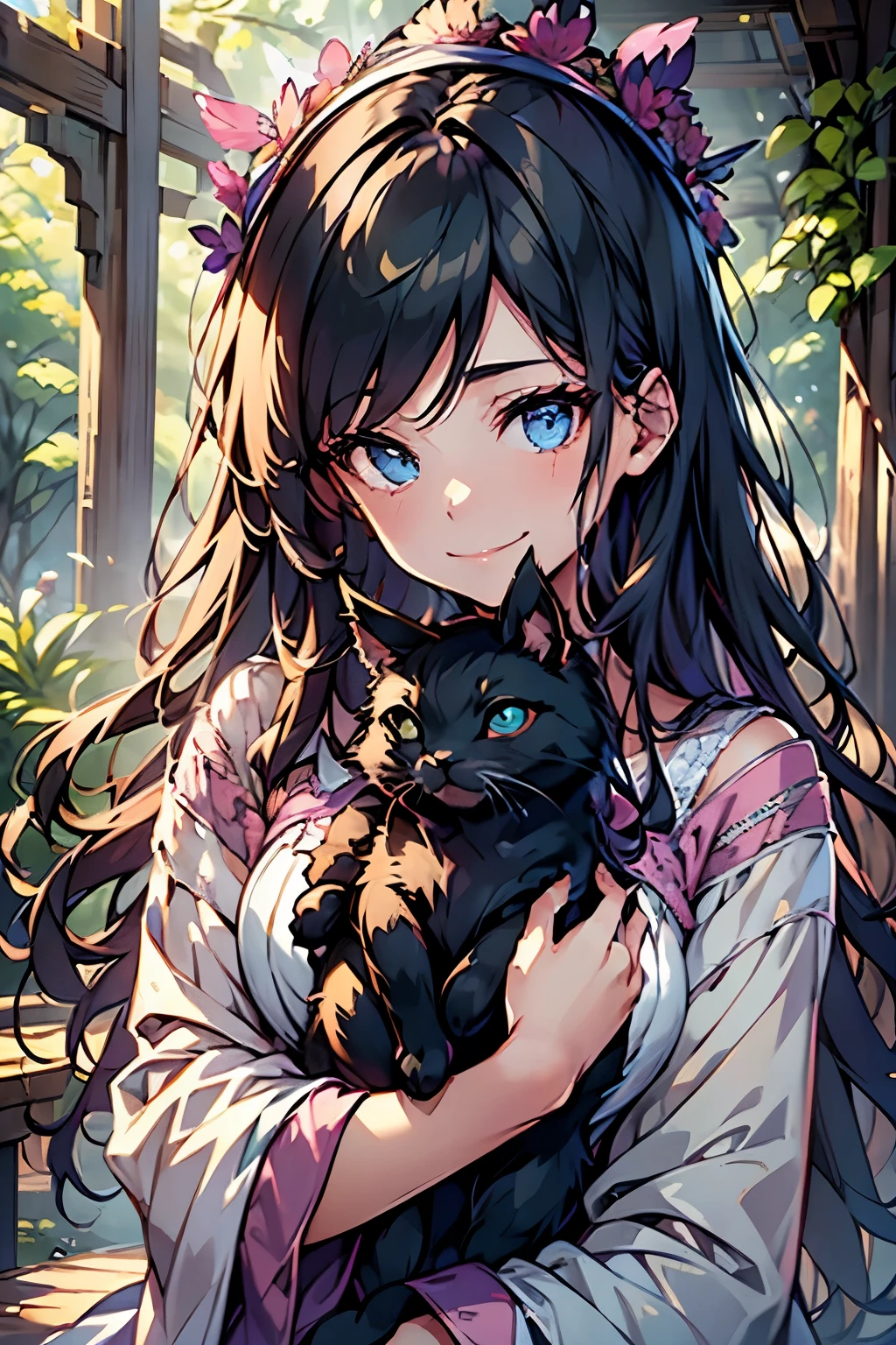 a beautiful girl holding a cute kitten, delicate facial features, long eyelashes, warm smile, gentle expression, soft skin, intricate details, elegant dress, natural background, lush greenery, dappled sunlight, serene atmosphere, vibrant colors, photorealistic, 8k, hyper detailed, intricate, art portrait