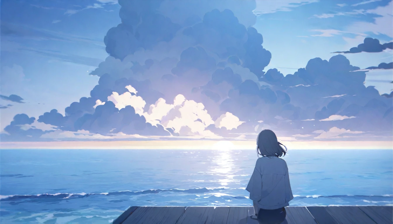 Woman looking at the sea, horizon, cumulonimbus cloud