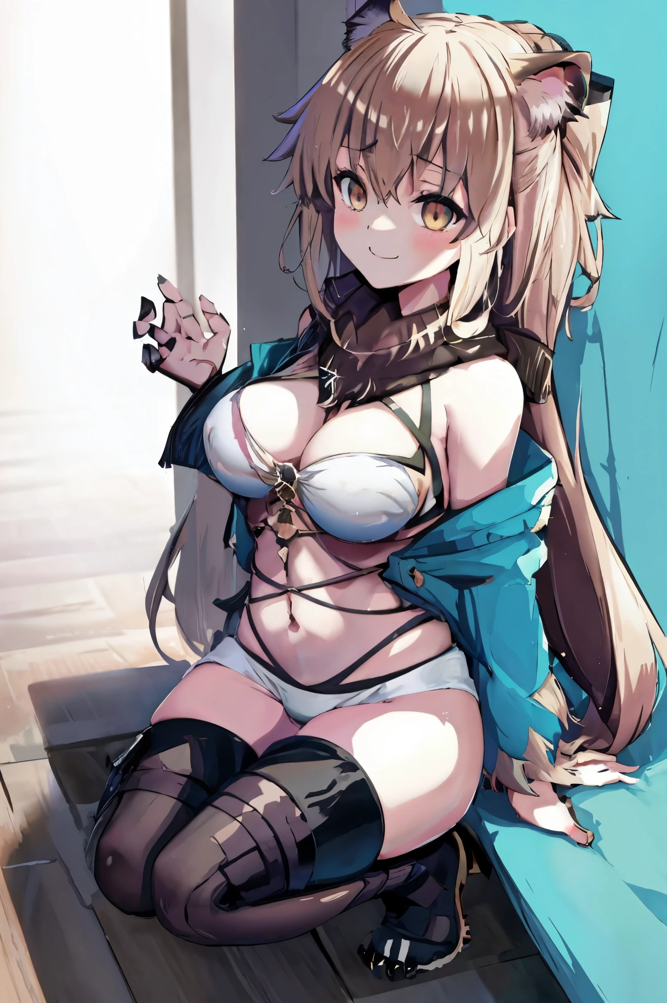 masterpiece, best quality,extremely detailed CG unity 8k wallpaper,
1girl,okita souji swimsuit \(fate\),
smile,shy,squat,middle_breasts,navel,thighs,happy,gold_eyes,apart_thighs,apart_knees,rise_knee,covered_pussy,dangerousbeast,(dangerousbeast:1.5),perfect_hands,single_up_hair,thigh-highs,wolf_ears,selfie,