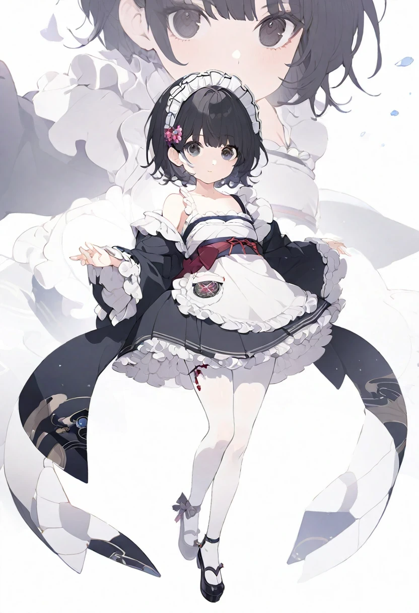 (muste piece), (best quality), very detailed eyes, expressive eyes, perfect face, very detailed face, highly detailed face, beautiful girl, (solo full body shot:1.3), Extremely exquisite and beautiful two-dimensional exquisite painting style, Extremely delicate and delicate, 8K high quality, CG wallpaper, HD, Front view, character portrait, Full body composition, (pure white background background),
1 girl, vtuber style, black short hair, black eyes, japanese style maid, short skirt, small chest, clavicle, shoulders, white pantyhose, maid shoes, (full body), looking at viewer, standing, white background,
