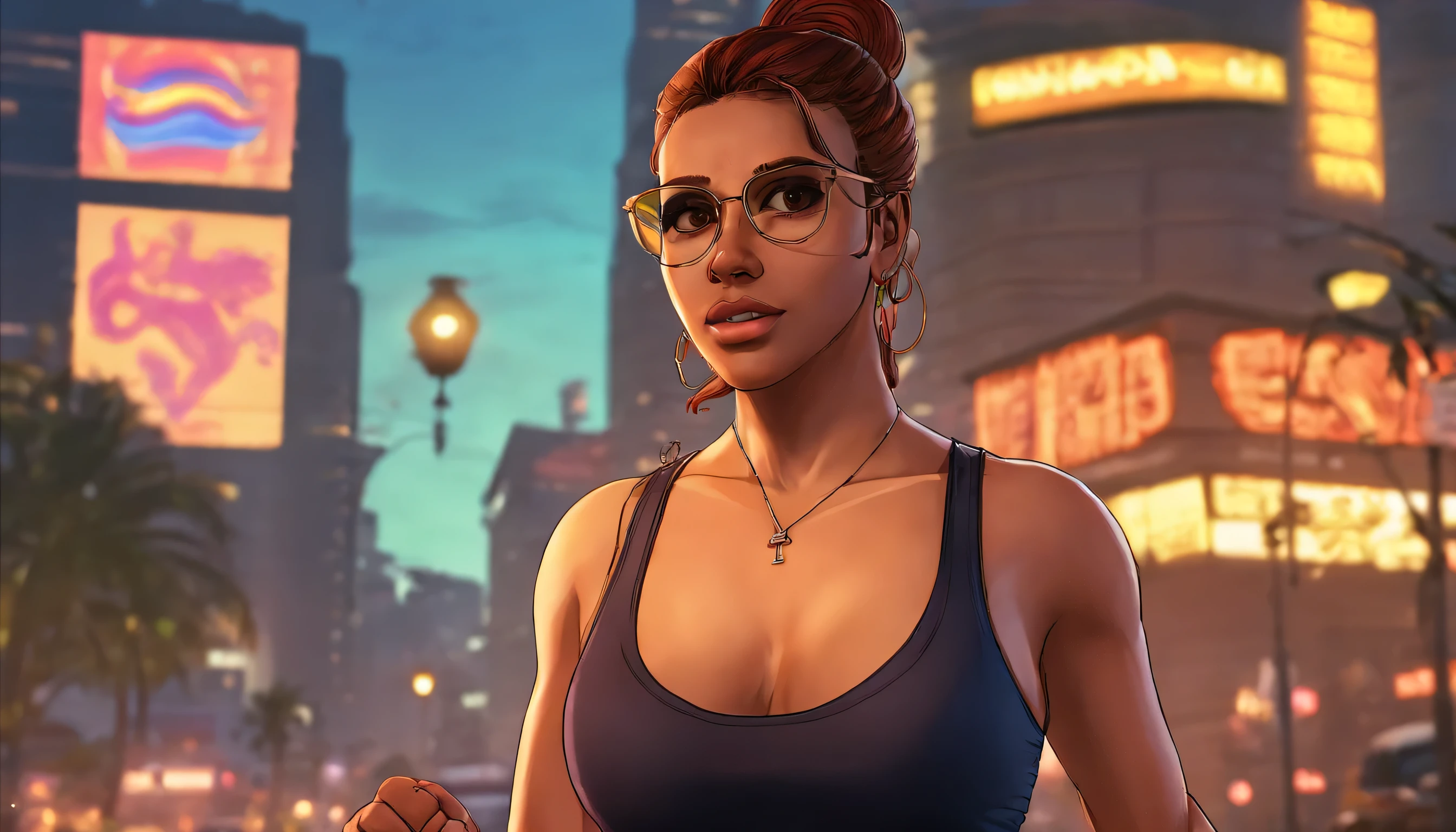 best quality, masterpiece, cinematic lighting, intricate, cinematic detailed realistic backgrounds, detailed faces, full body, big breasts, realistic, Catalina, 1girl latina jogging, city view, night, black tank top, looking at viewer, model pose, yellow ring eyes, street lamp, lamp post, yoga pants, two-tone hair, Single Hair Bun, glasses.