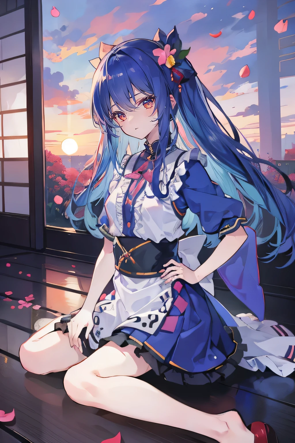 (best quality, masterpiece:1.2), expressive eyes, perfect face, 1 girl, hands on waist, beautiful, gorgeous, Japanese animation, Lola, Hinamori Angel, blue hair, floating clothes, waist grab, waist grab, hands on hips, sitting, sitting on the ground, legs on the ground, flat-chested, falling petals, sitting in a pavilion, pavilion,sunrise,Petals fall,