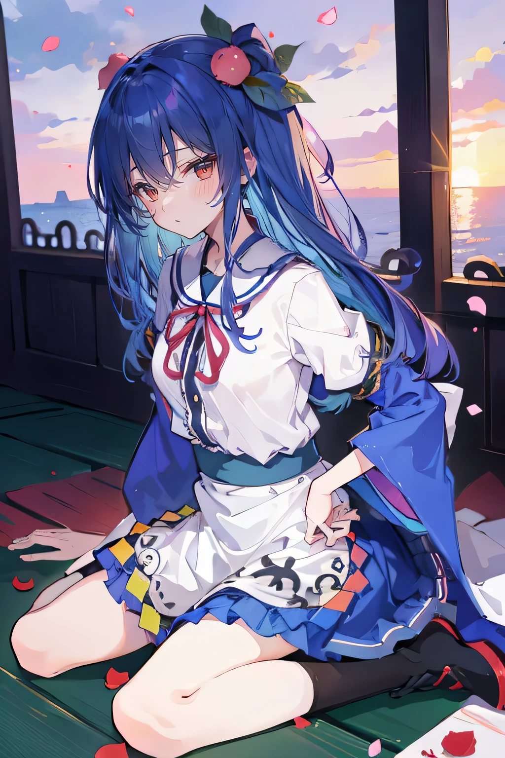 (best quality, masterpiece:1.2), expressive eyes, perfect face, 1 girl, hands on waist, beautiful, gorgeous, Japanese animation, Lola, Hinamori Angel, blue hair, floating clothes, waist grab, waist grab, hands on hips, sitting, sitting on the ground, legs on the ground, flat-chested, falling petals, sitting in a pavilion, pavilion,sunrise,Petals fall,