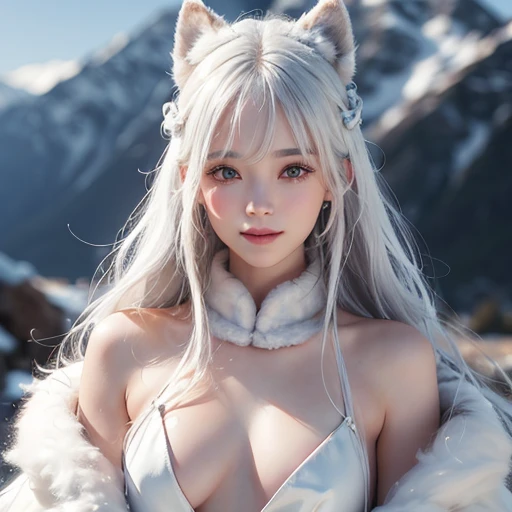 Snowy mountains、Dancing with the Wolf-Headed Man、 ((highest quality、masterpiece、8k、Best image quality、Ultra-high resolution、Award-winning works)、(Accurate anatomy:1.1)、(Look at me and smile:1.1)、Shining fair skin with Ultra-high resolution、The most detailed face、Ultra-high resolution detailed face、Short, flowing white hair 、Beautiful face drawn in every detail、(Blurred Background:1.1)、 Inuit fur clothing, Small breasts,