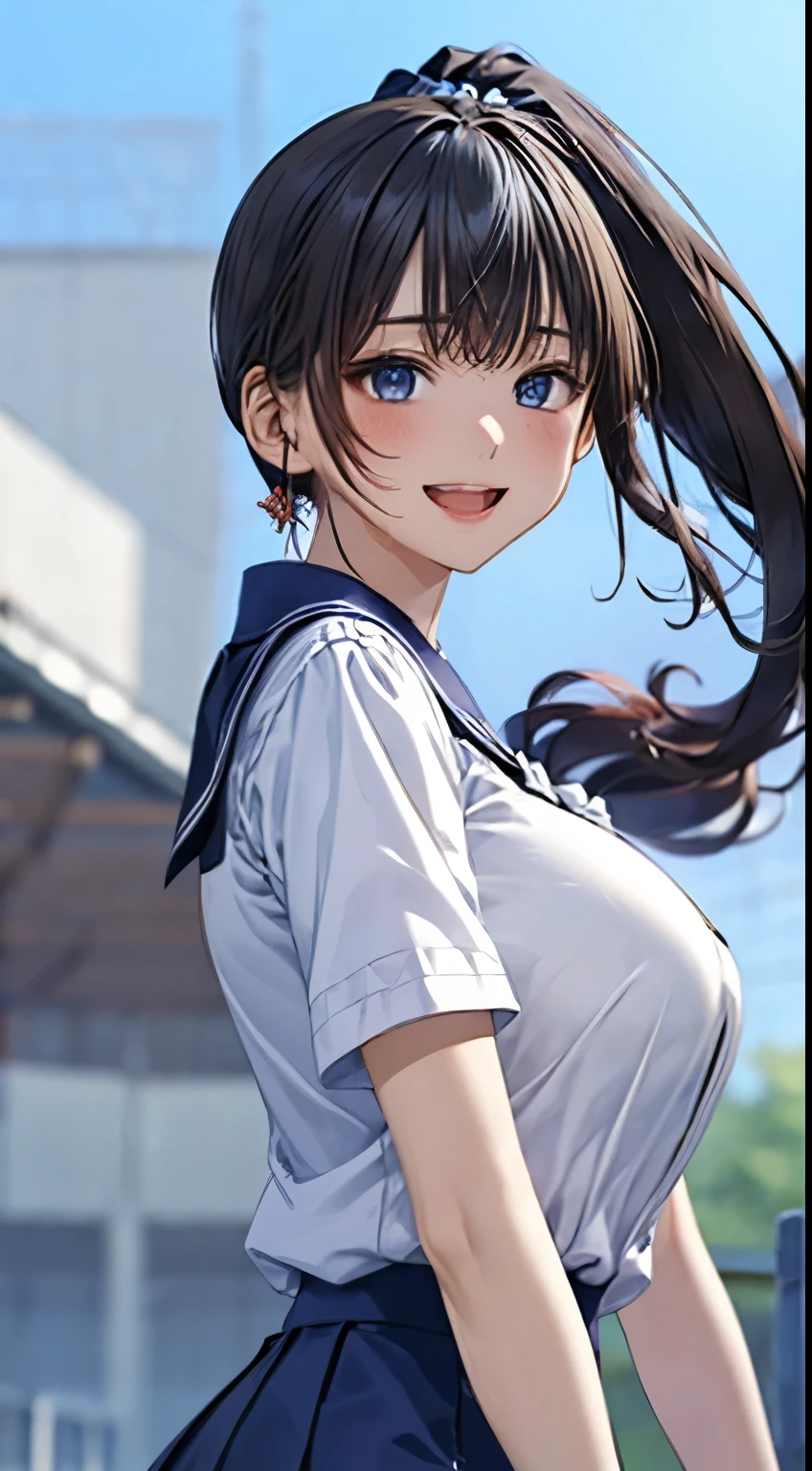 Tabletop、highest quality、Japanese 、High resolution、 Beautiful Japanese Woman、Fine and beautiful eyes、Long Hair、Dynamic depiction of movement、Hair swaying in the wind、ponytail、Large Breasts、Big and ample breasts、White shirt、Navy colored skirt、Embarrassing、Cute Smile、Open your mouth、Summer sky、(Droopy Eyes 1.1)