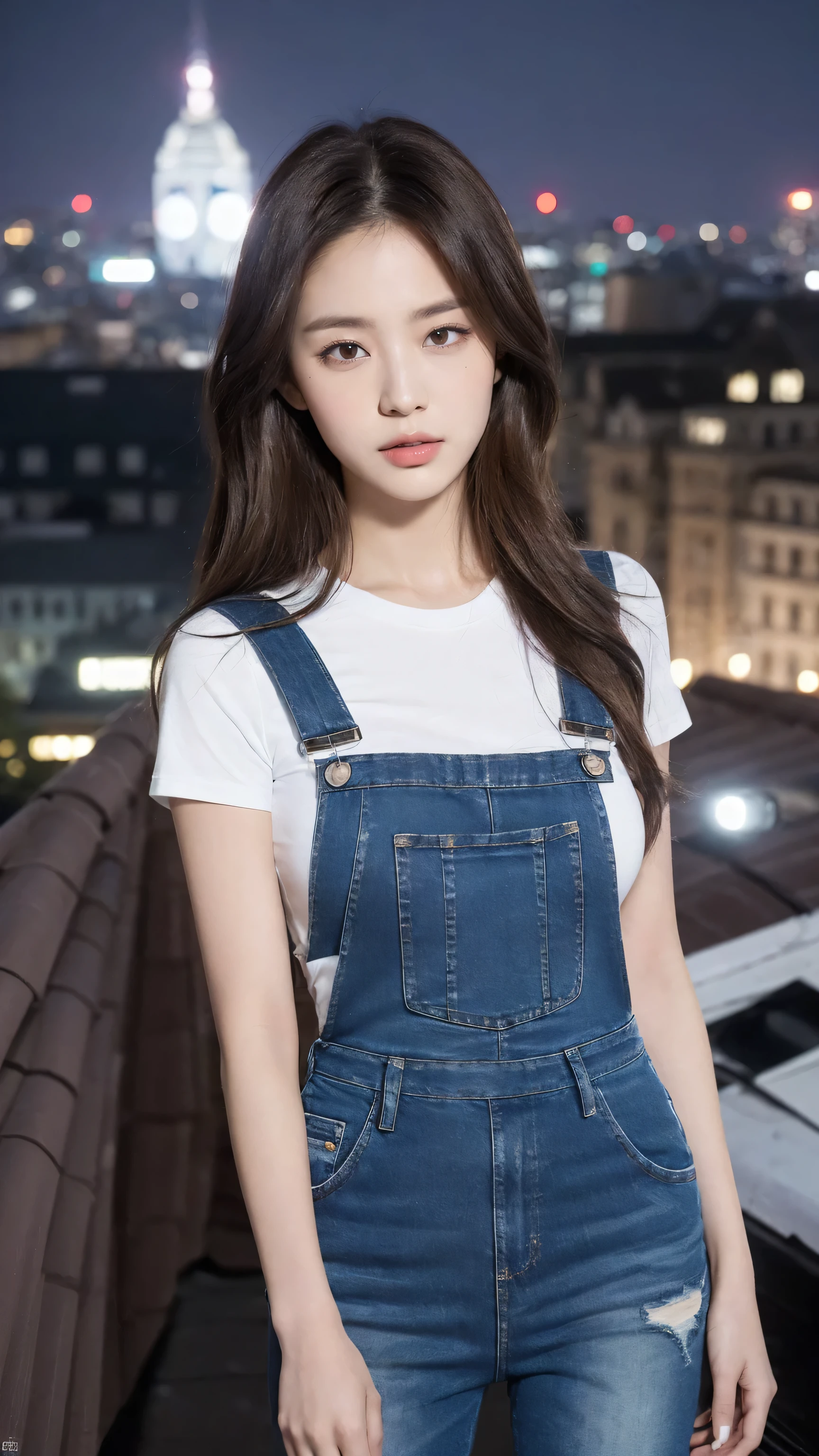((midnight, best quality, 8K, masterpiece :1.3)), whole body, Long legs, Clear focus :1.2, Beautiful woman with perfect body :1.4, Slim abs :1.1, ((Dark brown hair, Large Breasts :1.2)), (White Tight Tee, Overalls Jeans, permanent:1.2), ((City night scene, roof:1.3)), Highly detailed face and skin textures, delicate eyes, Double eyelids