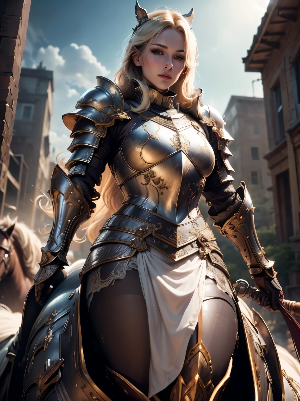 (Masterpiece, Superb Detail, Super Detailed, High Resolution), Male Focus, (((Female Armor))), (((Armor Dress Set))), (She Has Long Blonde Hair, Medium Breasts, Slim, perfect body, beautiful face), look at viewer, (((white panty))), (((riding a horse))), City Ruins, Background Details, Solo