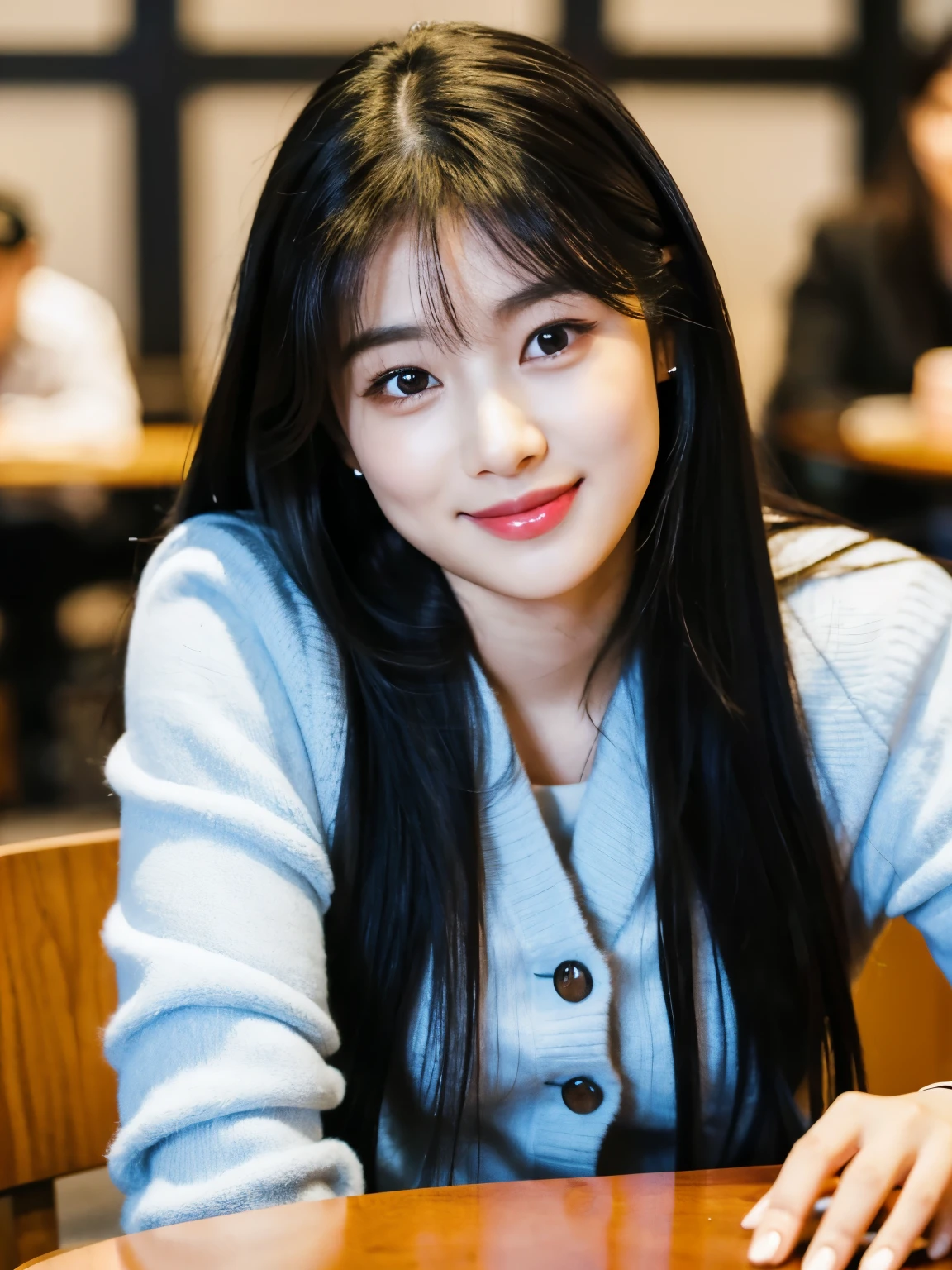 arafed asian woman with long black hair sitting at a table, jaeyeon nam, wan adorable korean face, jinyoung shin, heonhwa choe, tzuyu from twice, lee ji-eun, lee ji - eun, ulzzang, xintong chen, young cute wan asian face, korean girl, wenfei ye, young wan angel
