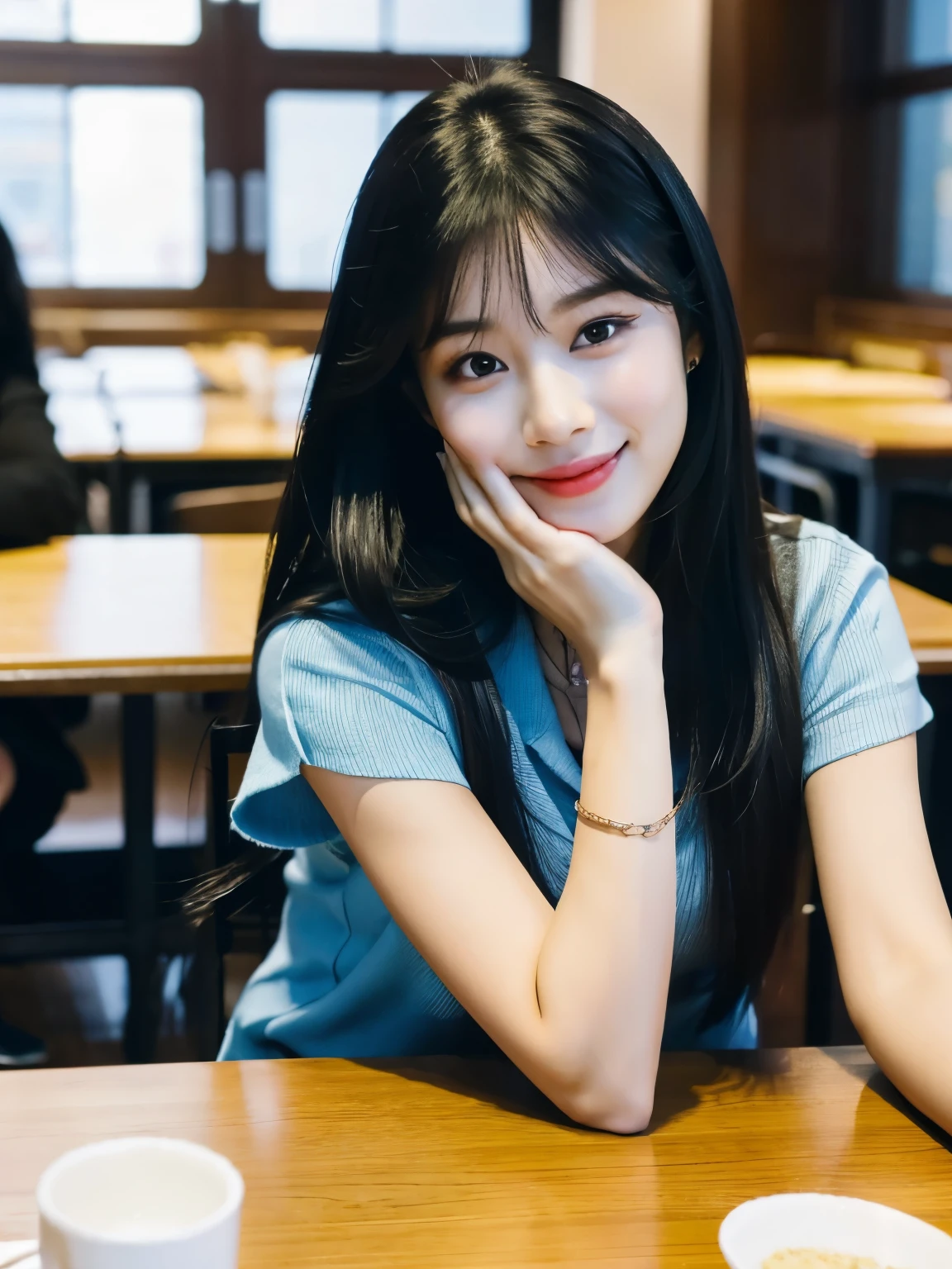 arafed asian woman with long black hair sitting at a table, jaeyeon nam, wan adorable korean face, jinyoung shin, heonhwa choe, tzuyu from twice, lee ji-eun, lee ji - eun, ulzzang, xintong chen, young cute wan asian face, korean girl, wenfei ye, young wan angel