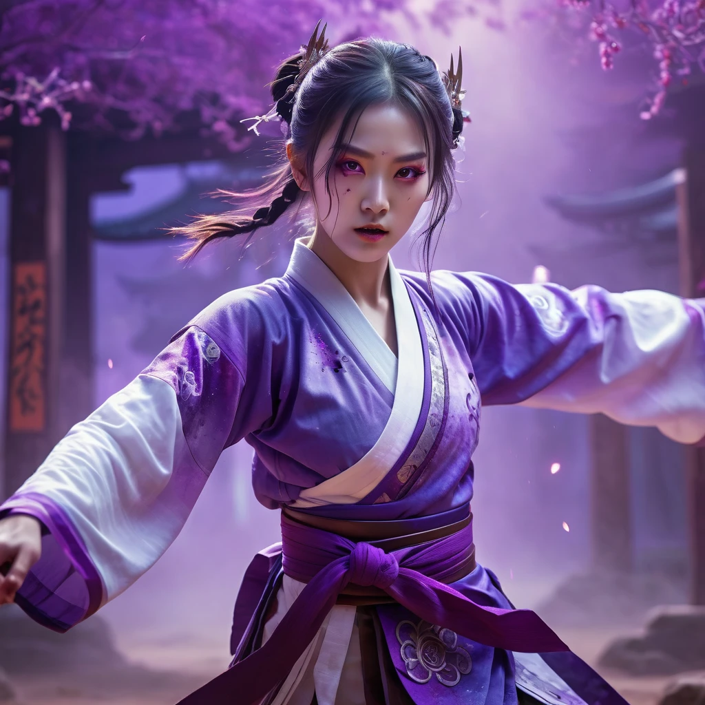 A handsome zombie girl, sharp eyes, clear facial features, wearing Hanfu, combat posture, martial arts movements, body surrounded by purple mist, runes around, holographic reality, holographic halo, motion blur, game light effects, edge light, soft light, movie edge light, delicate light, masterpiece, super detailed, epic composition, super HD, high quality, highest quality, 32k