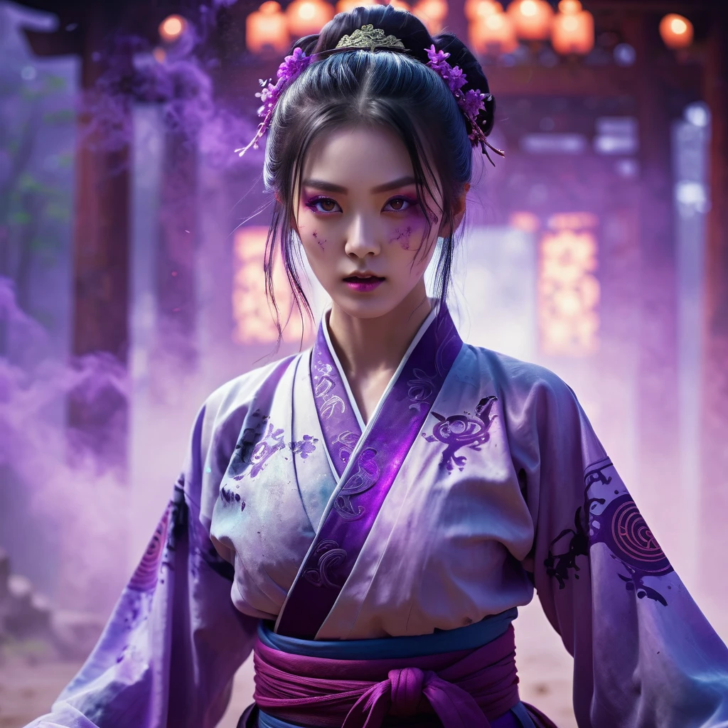 A handsome zombie girl, sharp eyes, clear facial features, wearing Hanfu, combat posture, martial arts movements, body surrounded by purple mist, runes around, holographic reality, holographic halo, motion blur, game light effects, edge light, soft light, movie edge light, delicate light, masterpiece, super detailed, epic composition, super HD, high quality, highest quality, 32k